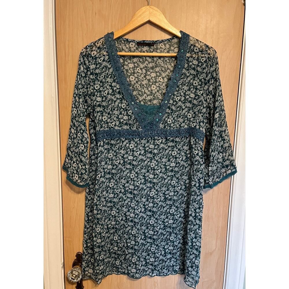 Vintage Y2K Gossip Babydoll Top Sheer Floral Lace Trimmed Green Teal Sz L